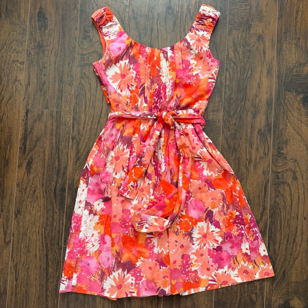 Adrianna Papell Pink Orange Floral Scoop-Neck Tie-Waist Mini Dress